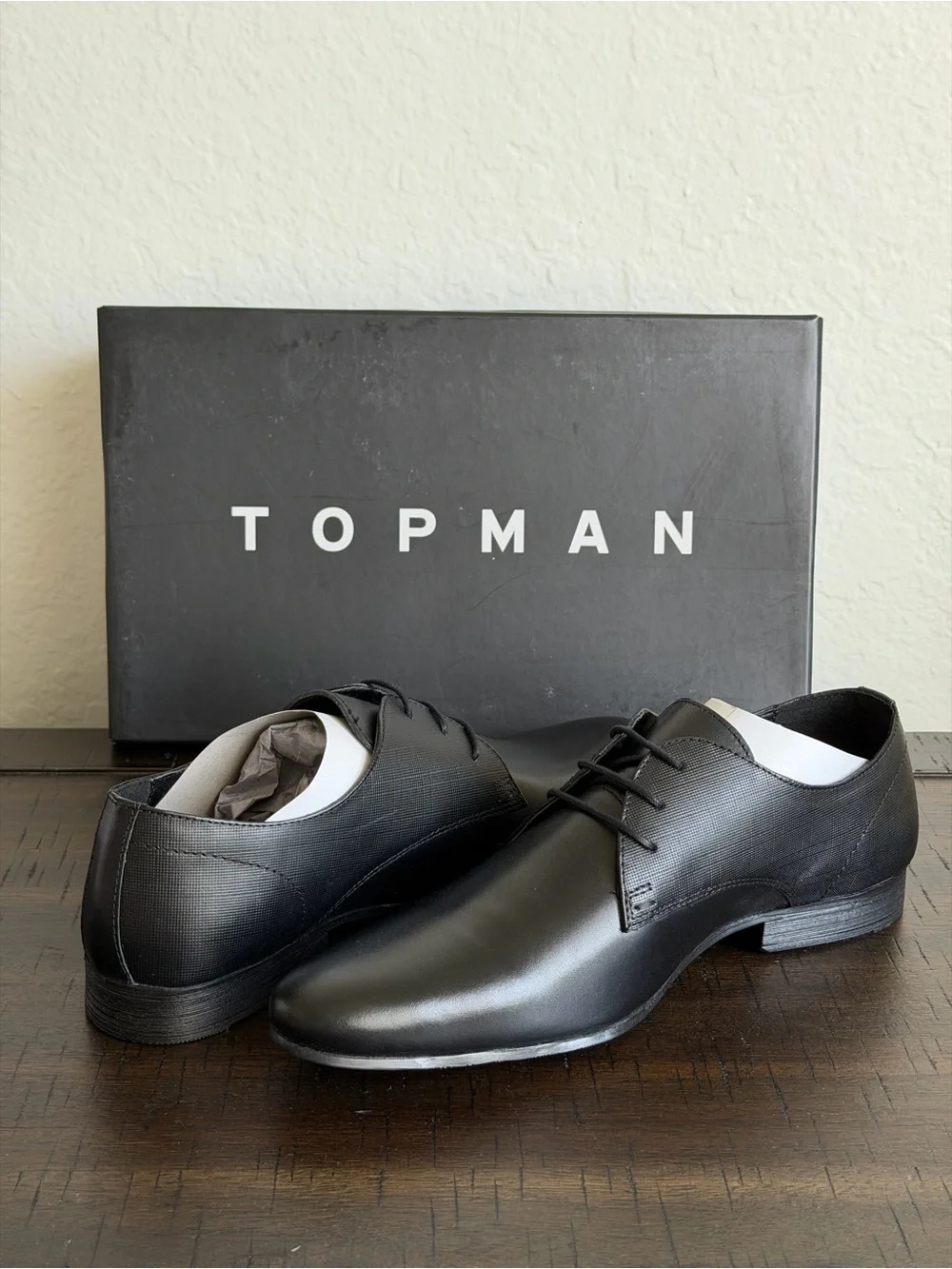 TOPMAN Black Leather Derby Shoes - Minimal Lace-Up Dress Oxfords